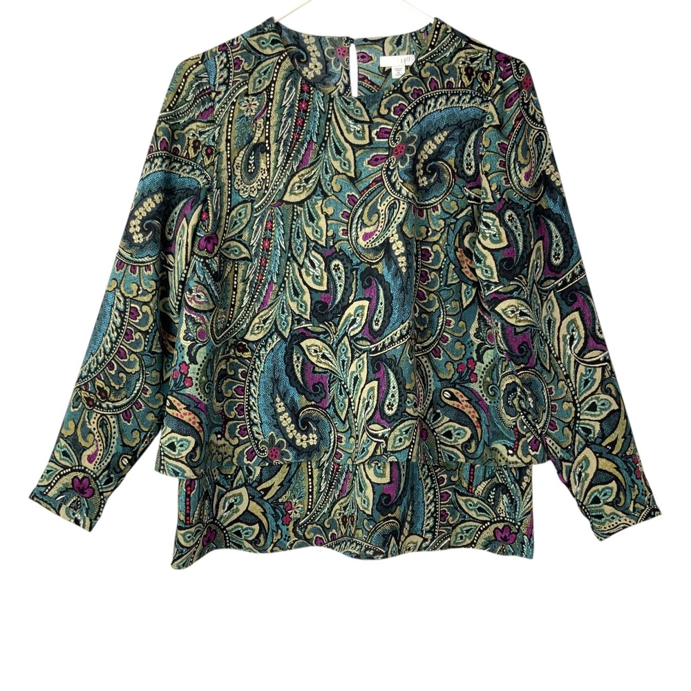 J. Jill Teal Paisley Peplum Blouse XS Petite Crew Neck Long Sleeve Layered